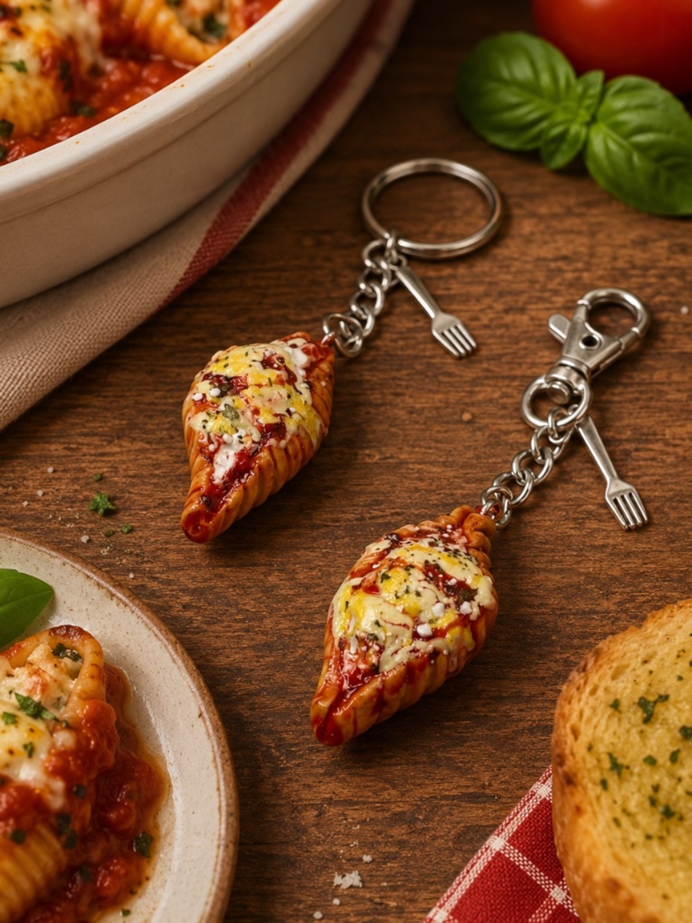 Stuffed Shell Pasta Keychain or Bag Clip – Handmade Mini Italian Food Charm
